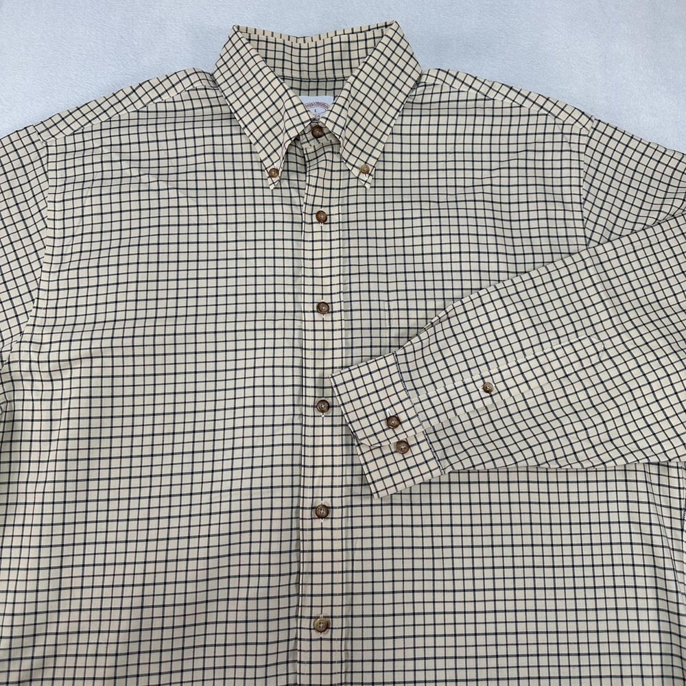 Brooks Brothers Shirt Mens Large Beige Check Non Iron Button Down Long Sleeve